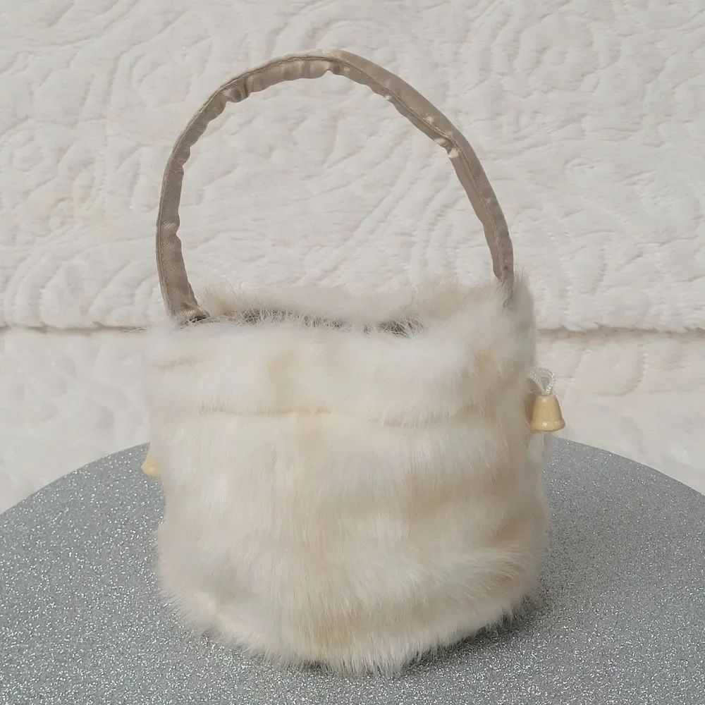 White Faux Fur Purse Drawstring Top Small Bag Satin Lined Rigid Handle Holiday